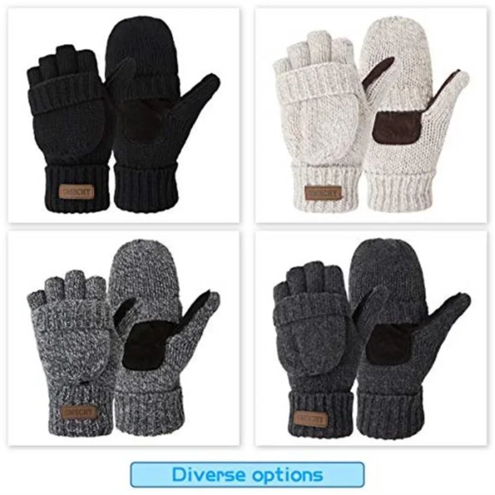 Winter Gloves Men Women Fingerless Mittens Convertible Wool Knitted Warm Thermal